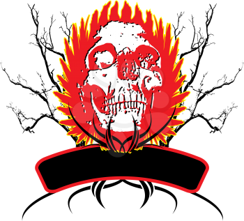 Royalty Free Clipart Image of a Shield With a Skull, Branches and a Banner