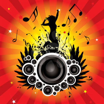 Royalty Free Clipart Image of a Girl Dancing Over a Speaker on a Musical Background