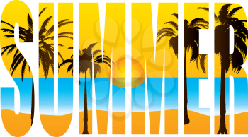 Royalty Free Clipart Image of the Word Summer With Palm Trees and a Beach