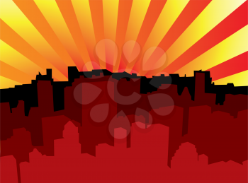 Royalty Free Clipart Image of a Silhouetted Skyline With Radiating Red