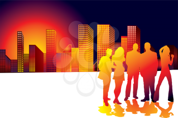 Royalty Free Clipart Image of a Group of People in Front of Buildings