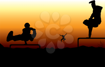 Royalty Free Clipart Image of Active Silhouettes Against a Sunset
