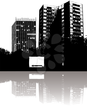 Royalty Free Clipart Image of Buildings Reflected in Water