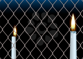 Royalty Free Clipart Image of Two Candles on Either Side of a Chain Fence