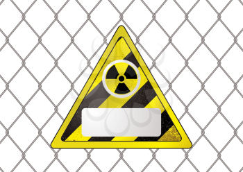 Royalty Free Clipart Image of a Nuclear Sign Attached to a Wire Fence