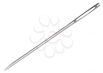 Silver metal sewing needle with eyelet and reflection surface
