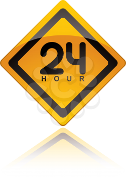 bright yellow 24 hour icon symbol with reflection in white background