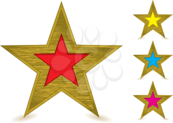 Collection of brushed metal gold star awards with coloured centers