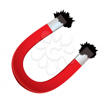 Red horseshoe magnet with iron filings