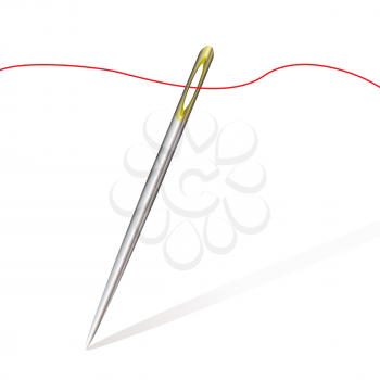 Silver sewing needle with gold top and red fine thread