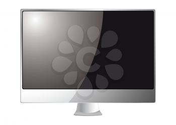 Silver computer monitor screen with silver stand and light reflection