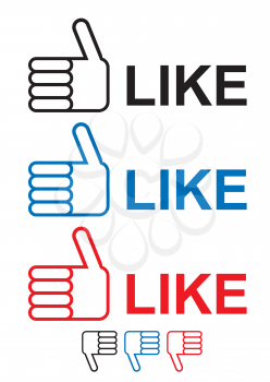 thumbs up like icon with hand and fingers in red blue and black