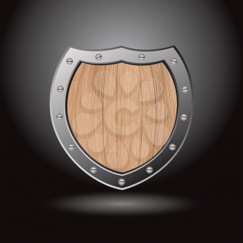 Royalty Free Clipart Image of a Wood Shield With a Dark Background