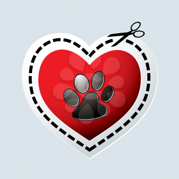 Red love heart with dogs paw print and dotted line