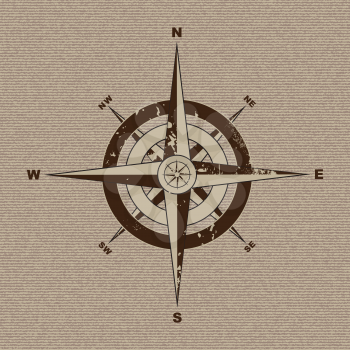 Retro grunge compass with material canvas background in brown