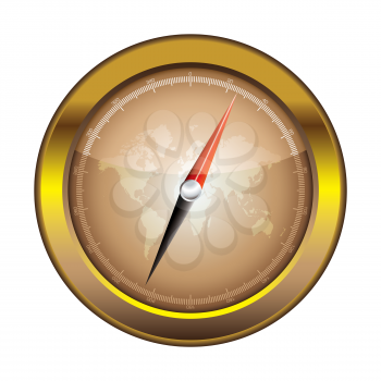 Gold retro compass with world and light reflection illustration