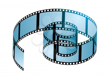 Old film strip in a spiral curl with blue light