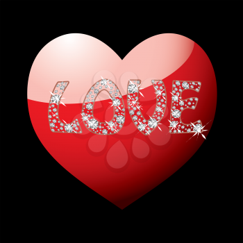 Red love heart with word spelt out in diamonds on black background