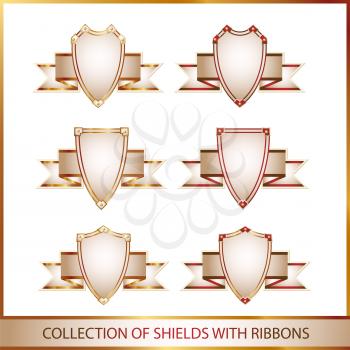 Royalty Free Clipart Image of a Collection of Shields With Ribbons