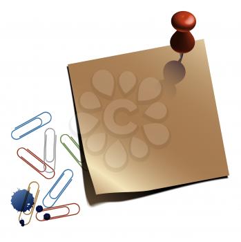 Royalty Free Clipart Image of a Note With Thumbtack and Paperclips