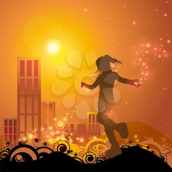Royalty Free Clipart Image of a Girl Playing With Lights Against Buildings at Sunset