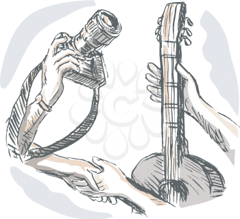 Royalty Free Clipart Image of a Trade Between Camera and Guitar