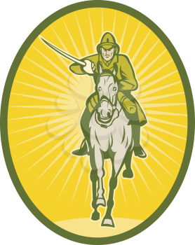 Royalty Free Clipart Image of a Man in Uniform With a Sword on a Chargin Horse