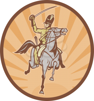 Royalty Free Clipart Image of a Man in Uniform With a Sword on a Charging Horse