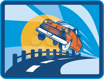 Royalty Free Clipart Image of a Retro Convertible Speeding Down the Road