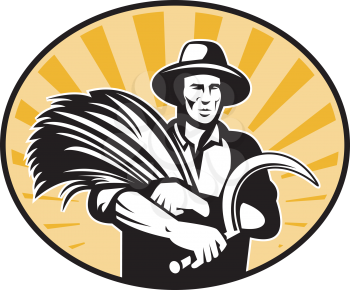 Royalty Free Clipart Image of a Farmer With Wheat and a Scythe