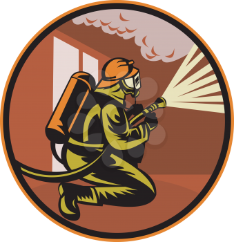 Royalty Free Clipart Image of a Firefighter Battling a Blaze