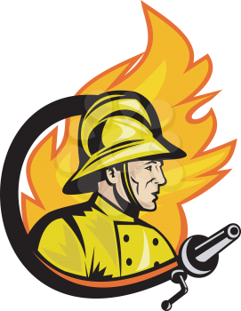 Royalty Free Clipart Image of a Firefighter in Front of a Fame Encircled by a Hose