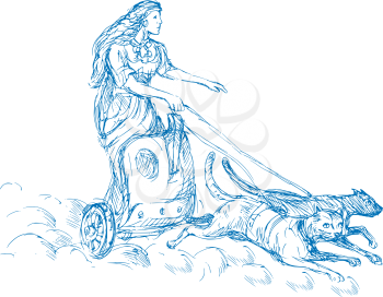Royalty Free Clipart Image of a Mythological Woman in a Chariot Pulled By Cats