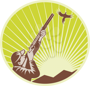 Royalty Free Clipart Image of a Hunter Shooting a Goose