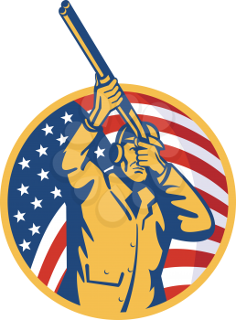 Royalty Free Clipart Image of a Hunter in Front of a Stars and Stripes Flag