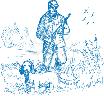 Royalty Free Clipart Image of a Hunter and Dog Walking in a Meadow