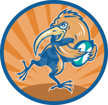 Royalty Free Clipart Image of a Kiwi With a Rugby Ball