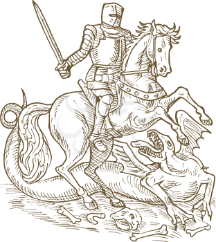 Royalty Free Clipart Image of a Knight on a Horse Fighting a Dragon
