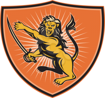 Royalty Free Clipart Image of a Pointing Lion With a Sword