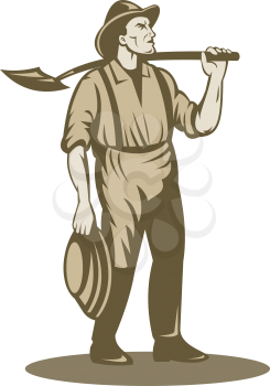 Royalty Free Clipart Image of a Man With a Shovel Over His Shoulder