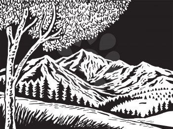 Royalty Free Clipart Image of a Black and White Mountain Scene