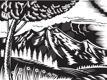 Royalty Free Clipart Image of a Black and White Mountain Scene
