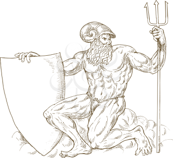 Royalty Free Clipart Image of a Sketch of Neptune With His Shield