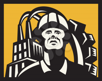 Royalty Free Clipart Image of a Labourer Outside a Factory