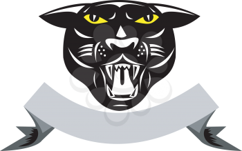 Royalty Free Clipart Image of a Black Panther's Head Over a Ribbon