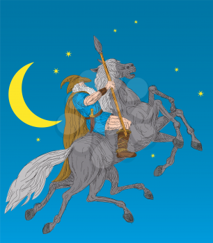 Royalty Free Clipart Image of a Man Riding a Horse in the Sky