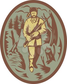 Royalty Free Clipart Image of an Outdoorsman in a Coonskin Hat