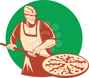 Royalty Free Clipart Image of a Guy Baking Pizza