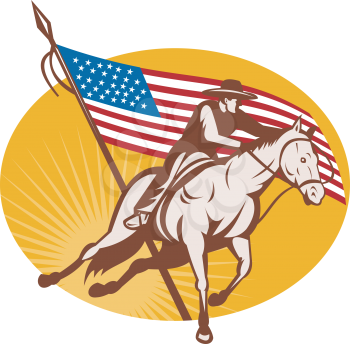 Royalty Free Clipart Image of a Rodeo Cowboy in Front of an American Flag