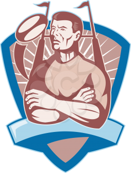 Royalty Free Clipart Image of a Rugby Player on a Shield